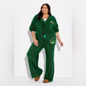 Katie Kime Wicked Green Cardigan & Wide-Leg Pants Set XL Heart Buttons